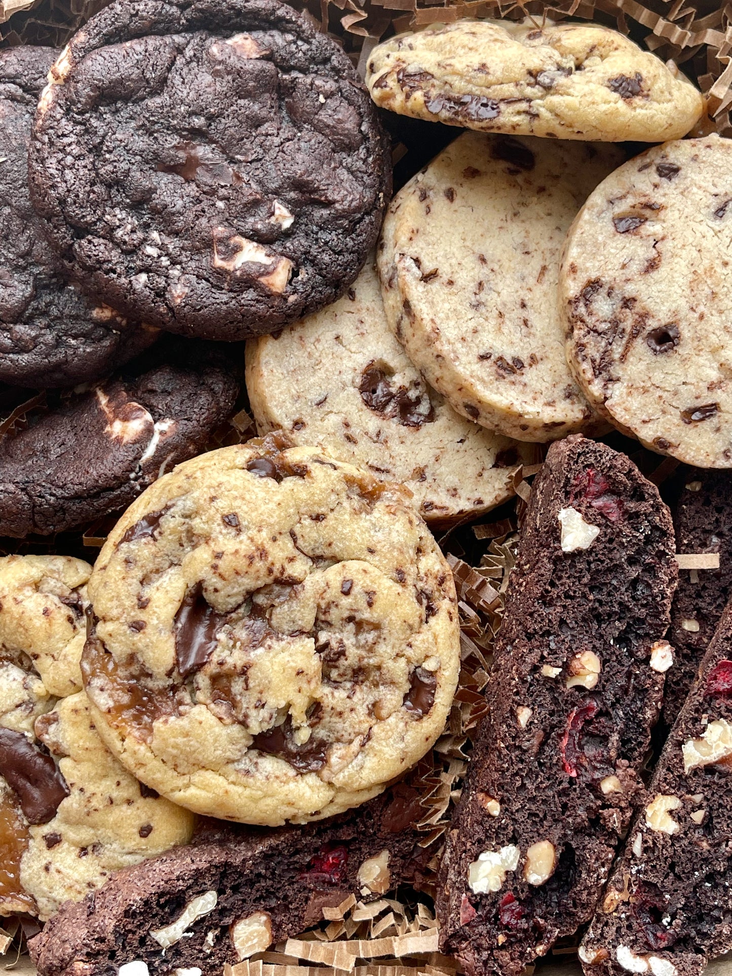 Chocolate cookie gift box with toffee chocolate cookies, double chocolate cookies, espresso shortbread, and chocolate biscotti.