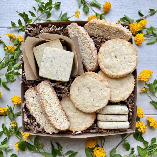 Citrus cookies gift box with earl grey shortbread, toasted coconut lime shortbread, and almond orange biscotti.