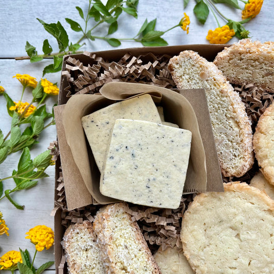 Citrus cookies gift box with earl grey shortbread, toasted coconut lime shortbread, and almond orange biscotti.