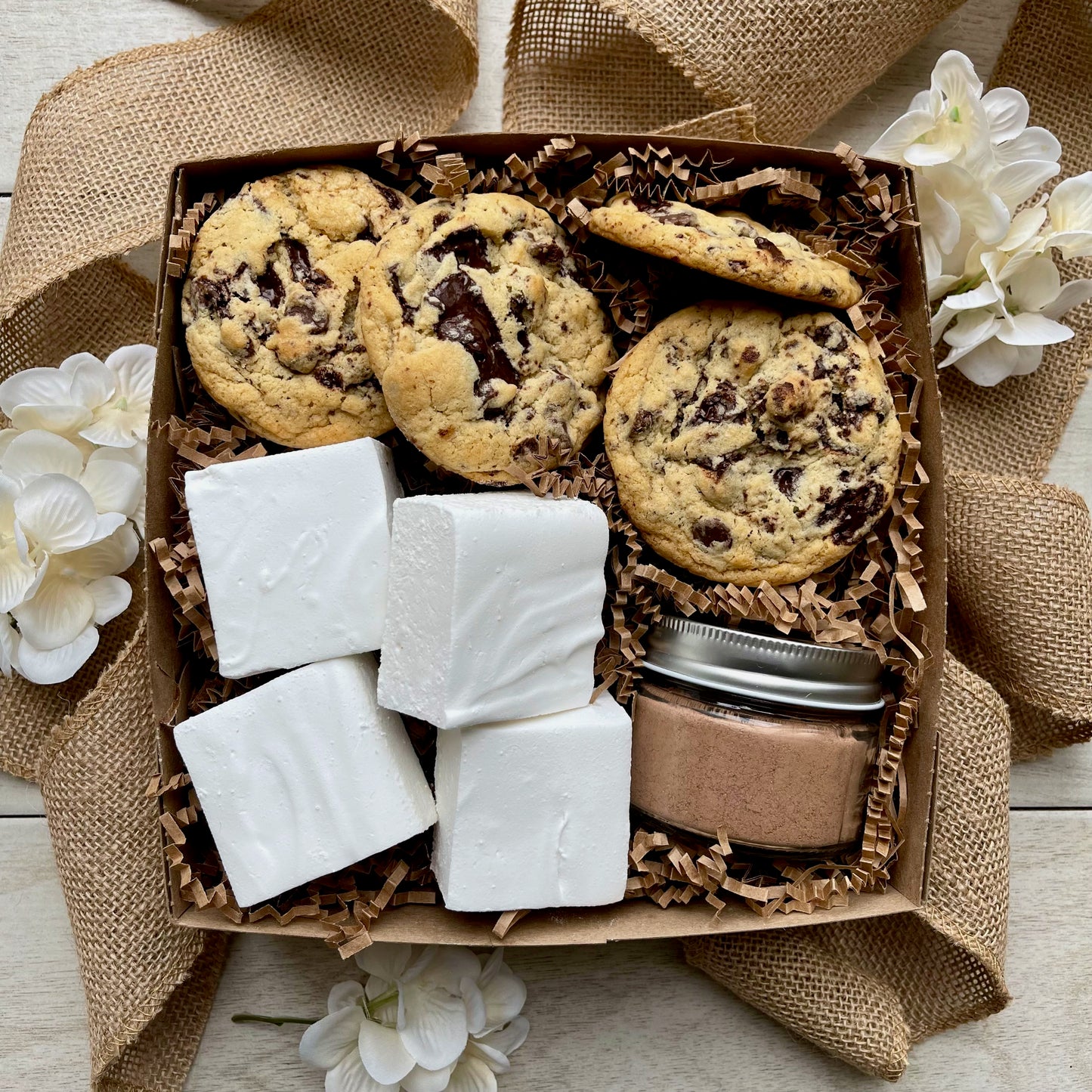 Hot chocolate kit, smores kit, with handmade marshmallows, hot chocolate, and chocolate chunk cookies.