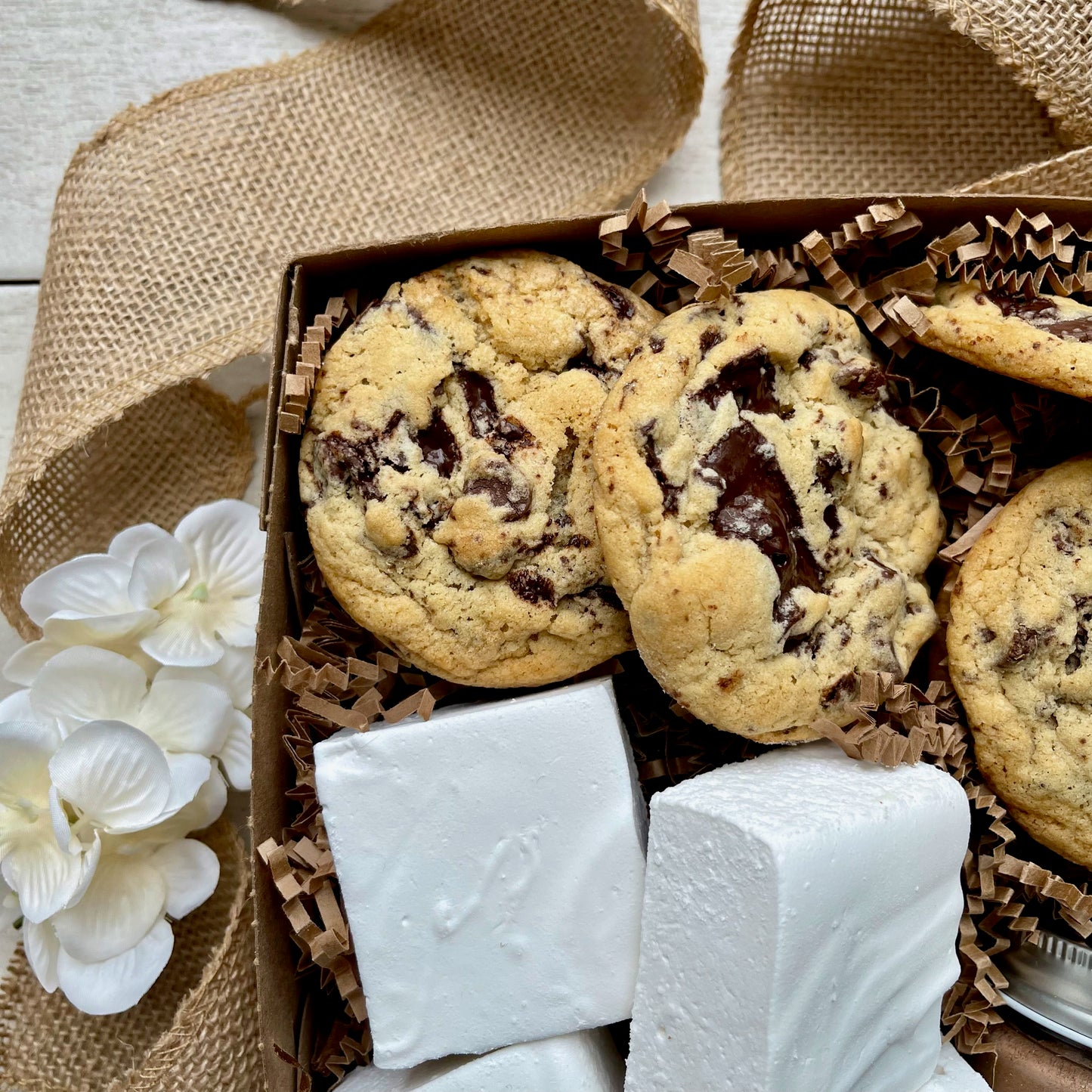 Hot chocolate kit, smores kit, with handmade marshmallows, hot chocolate, and chocolate chunk cookies.