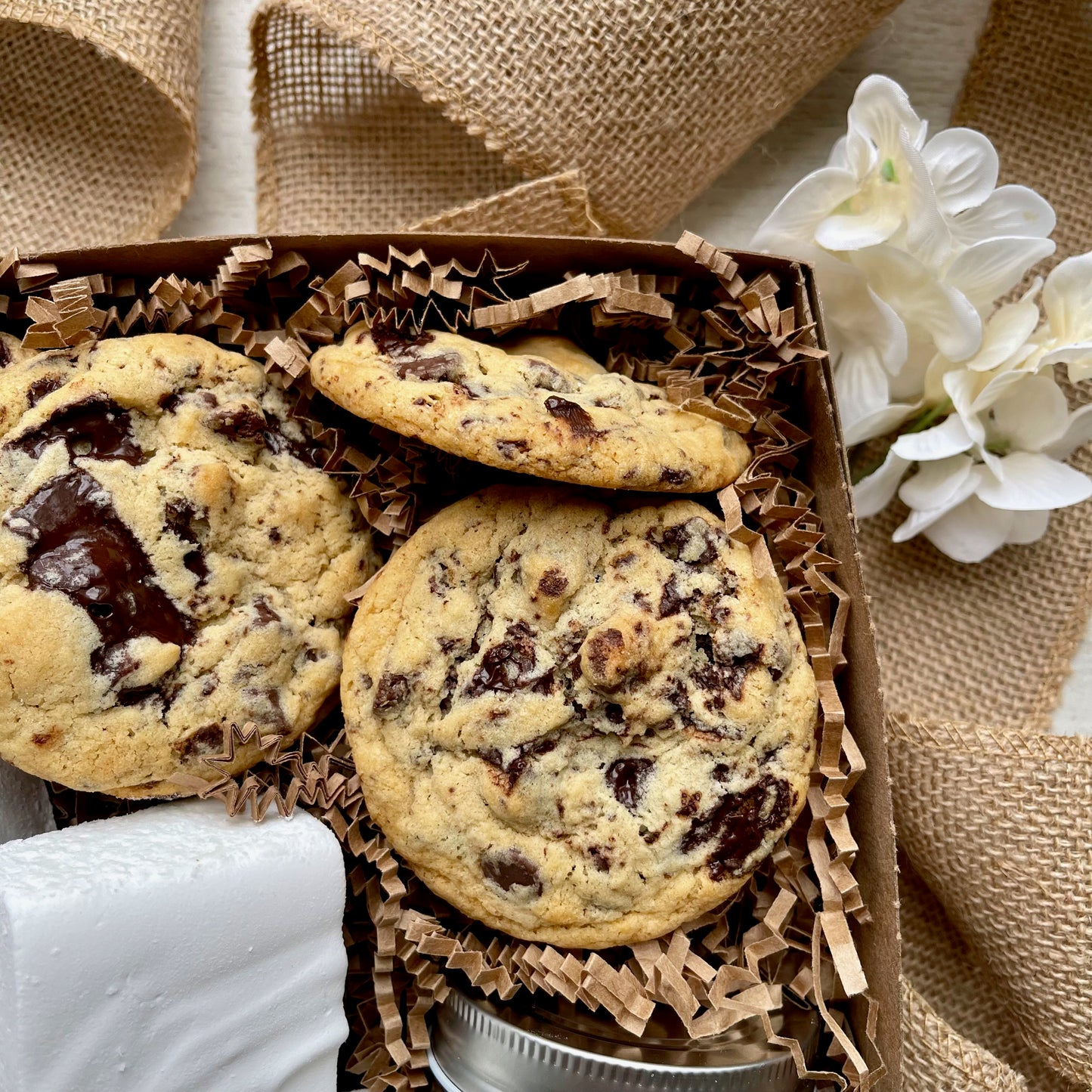 Hot chocolate kit, smores kit, with handmade marshmallows, hot chocolate, and chocolate chunk cookies.