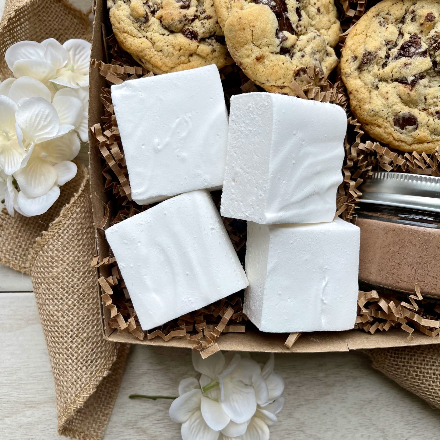 Hot chocolate kit, smores kit, with handmade marshmallows, hot chocolate, and chocolate chunk cookies.