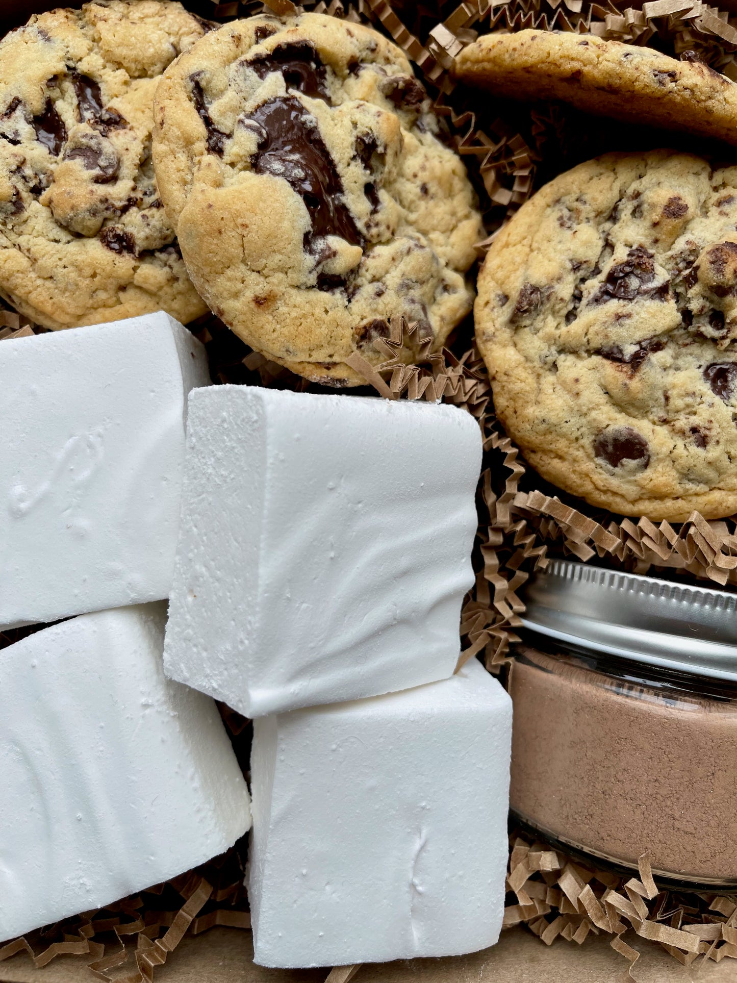 Hot chocolate kit, smores kit, with handmade marshmallows, hot chocolate, and chocolate chunk cookies.