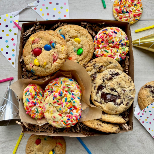 Birthday gift box with sprinkle cookies, m&m cookies, and chocolate chip cookies.