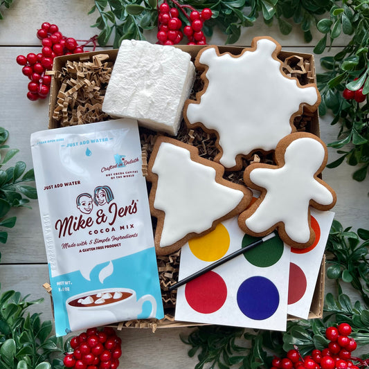 Gingerbread cookie decorating kit with handmade marshmallow, hot chocolate, and edible paint palettes.